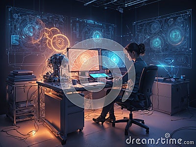Abstract glow Generative ai illustration of Technology theme drawing and work space with computer. Multi exposure. Concept of Cartoon Illustration