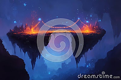 Abstract glowing bridge connecting two floating islands, symbolizing ideas and communication unity Stock Photo