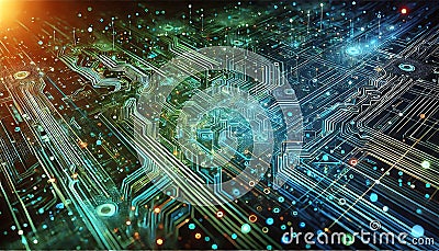 Abstract glowing circuit board patterns in vibrant greens and blues forming a technological grid created using generative AI for Stock Photo