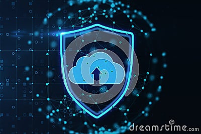 abstract glowing cloud shield hologram inside sphere connections on dark background. Data storage and technology concept. 3D Stock Photo