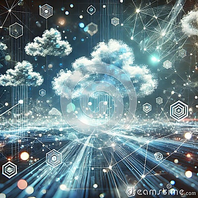 Abstract glowing data cloud network in the sky symbolizing unified digital collaboration Stock Photo