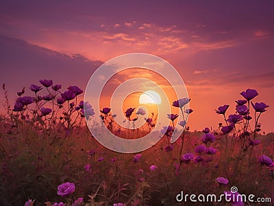 abstract glowing the flowers behind the beautiful reddish purple sky at sunset Stock Photo