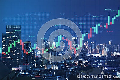 Abstract glowing forex chart on night city background. Trade, finance and invest concept. Stock Photo