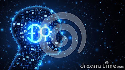 Abstract Glowing Head Profile Digital Binary Technology Background Design With Circuit Board Pattern Stock Photo