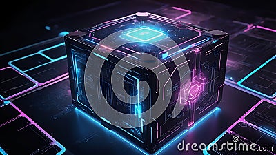 abstract glowing HUD energy box. Smart code. Big data. Digital chip. 3D cubes. CPU core. Abstract technology. Futuristic hi tech Stock Photo