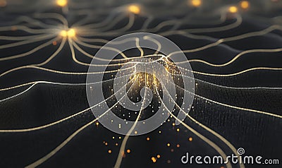 Abstract glowing lines and particles creating a mesmerizing wave pattern on a dark background, evoking a sense of depth Stock Photo