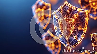 Abstract glowing mesh shield concept with vibrant orange light, depicting advanced data encryption, secure communication, and i Cartoon Illustration