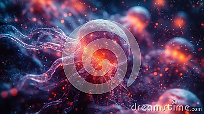 An abstract, glowing neural network depiction with intricate tentacle-like structures, symbolizing communication and Stock Photo