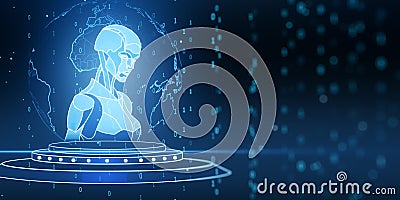 Abstract glowing robot hologram with globe. Artificial intelligence, machine learning and chat gpt concept. Stock Photo