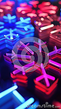 Abstract glowing snowflake like patterns in rhythmic formation create mesmerizing visual experience with vibrant colors Stock Photo