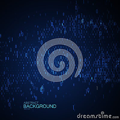 Abstract glowing virtual neon cloud with chaotic binary code particles. Vector Illustration