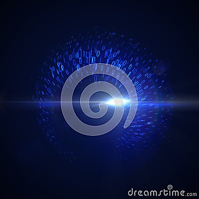 Abstract glowing virtual neon wave with chaotic binary code particles. Vector Illustration