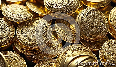Abstract gold background, fantastic richly decorated golden coins with floral ornaments. Generative Ai Cartoon Illustration