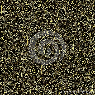 Abstract gold flowers seamless pattern, luxury ornament, minimalistic illustration, vector background. Golden closed buds, stalks Vector Illustration