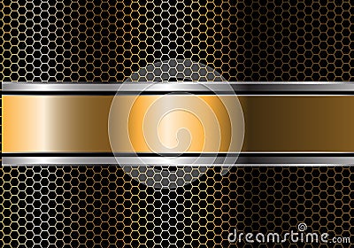 Abstract gold silver black line banner overlap on metal hexagon mesh design modern luxury futuristic background vector Vector Illustration