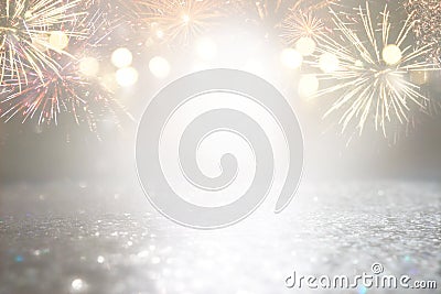 Abstract gold and silver glitter background with fireworks. christmas eve, 4th of july holiday concept Stock Photo