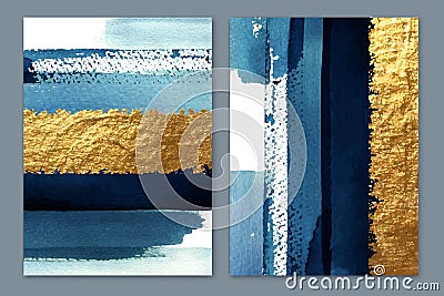Abstract gold wall art diptych. Golden shiny and blue shades stripes. Watercolor brush strokes. Vector Illustration