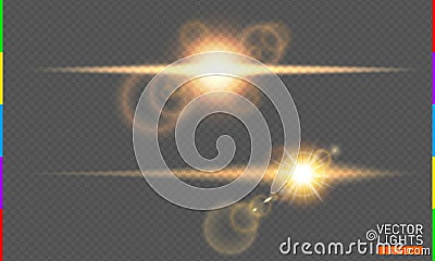 Abstract golden front sun lens flare transparent special light effect design. Vector blur in motion glow glare. Isolated Vector Illustration