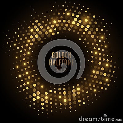 Abstract golden glittering halftone frame. Luxurious glowing dots circle for a disco. Festive round frame for graphic design. Vector Illustration