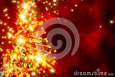 Abstract golden light christmas tree on red background Stock Photo