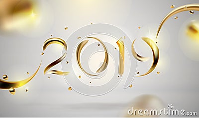 Abstract Golden 2019 New Year background of modern liquid graphic elements. Dynamic banner with flowing shapes Vector Illustration