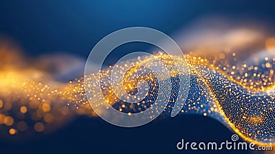 Abstract golden wave of connected particles symbolizing big data quantum computing futuristic digital transformation Cartoon Illustration