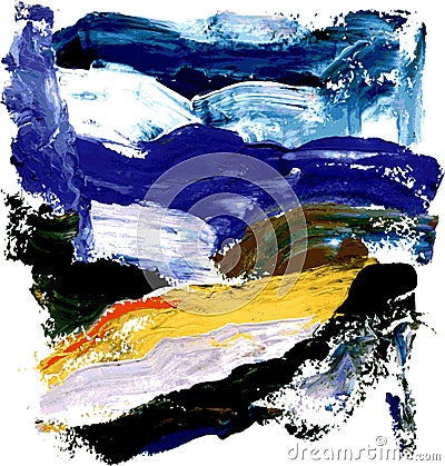 Abstract gouache landscape with blue, black and yellow color on white background. Vector Vector Illustration