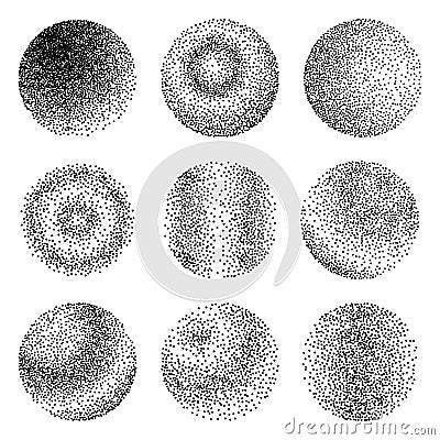 Abstract gradient halftone dotwork. Circles with black dots. Round shaped elements for grunge background. Vector Illustration