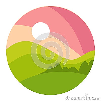 Landscape with gradual pink sunset and green shaded hills in a circle icon Vector Illustration