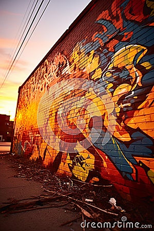 Abstract Graffiti: Vibrant Colors & Intricate Patterns on Urban Brick Wall at Sunset Stock Photo