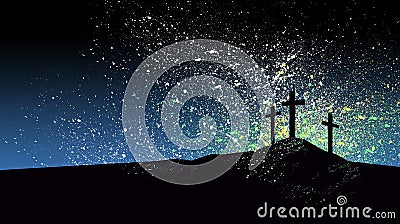 Christian Crosses against graphic splattered blue sky background Cartoon Illustration
