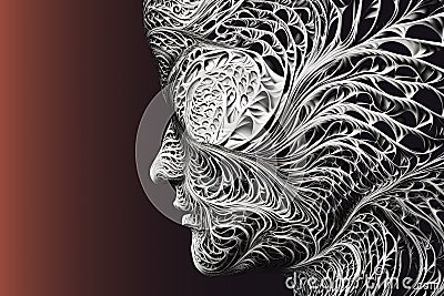 Abstract graphic image of a human head in side view from a branch resembling the leaf veins of a cabbage, made with generative ai Stock Photo