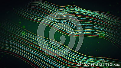 Abstract Green Colorful Shiny Blurry Focus Two Wavy Dotted Lines Ribbon Geometrical Shape With Flying Glitter Dust Particle Stock Photo