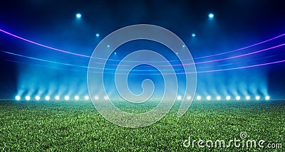Abstract green football pitch stadium background illuminated by textured green pitch ground. Science, product and sports Stock Photo