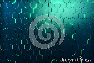 Abstract green of futuristic surface hexagon pattern with light rays. 3D Rendering Stock Photo