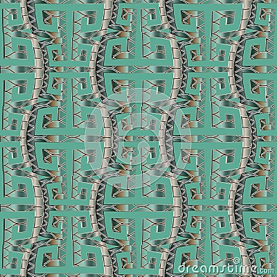 Abstract green greek vector seamless pattern. Textured ornamental 3d grid background. Repeat wave lines cbackdrop Vector Illustration