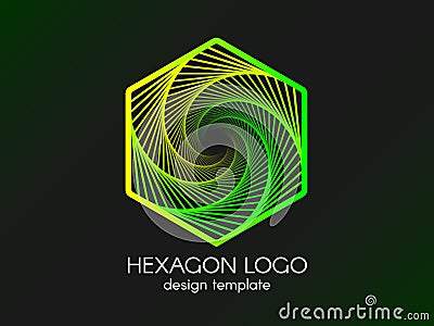 Abstract green hexagon logo. Modern gradient element on black background. Design template for business card or website Vector Illustration