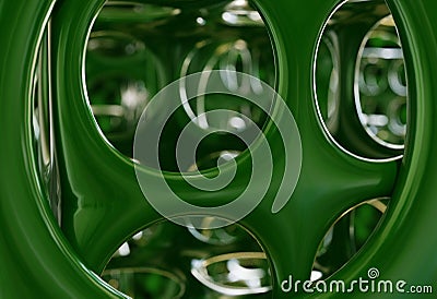 Abstract green interior with round holes constructions, 3d illustration Stock Photo