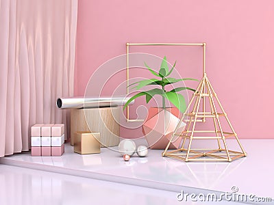 Abstract green leaf and many objects geometric shape metallic gold pink minimal abstract background 3d render Stock Photo