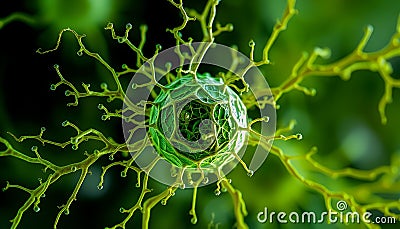 Abstract green neuron network, digital technology and neural connection art Generative AI Stock Photo