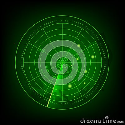 Abstract green radar with targets in action. Military search system Vector Illustration