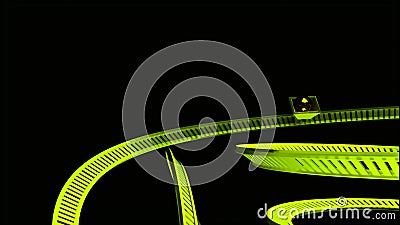 Abstract green railroad and a small lonely wagon moving fast in the dark. Design. Animation with twisted rails and Stock Photo