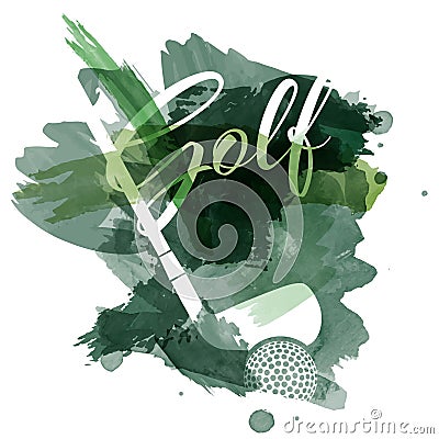 Abstract green watercolor splashes with golf equipment silhouettes Vector Illustration