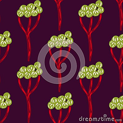 Abstract green yarrow elements seamless pattern. Dark purple background. Decorative meadow plants print Vector Illustration
