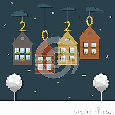 Abstract 2020 Greeting Card With Colorful Houses, White Trees And Snowflakes Stock Photo