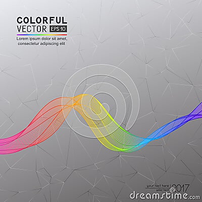 Abstract Grey Background with Bright Rainbow Wave Line on Triangular Grid Backdrop. Vector Illustration