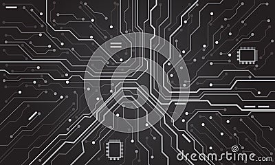 Abstract grey tone circuit board technology connected blue lines with electronics elements computer motherboard chip processor Vector Illustration