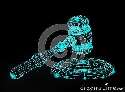 Abstract grid of judgle gavel. 3D mesh technology cyber illustration. Hammer futuristic style. Vector network texture. Vector Illustration