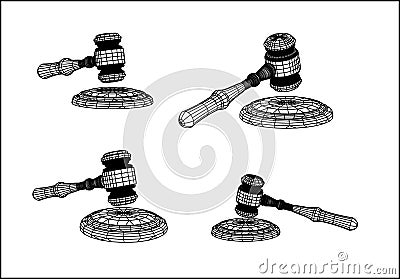 Abstract grid of judgle gavel. 3D mesh technology cyber illustration. Hammer set futuristic style. Vector Vector Illustration