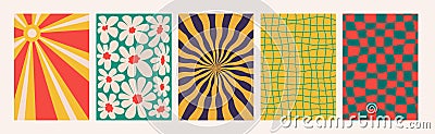 Abstract Groovy backgrounds. Set of psychedelic retro patterns in retro colors. Trendy twisted and checkered funky Vector Illustration